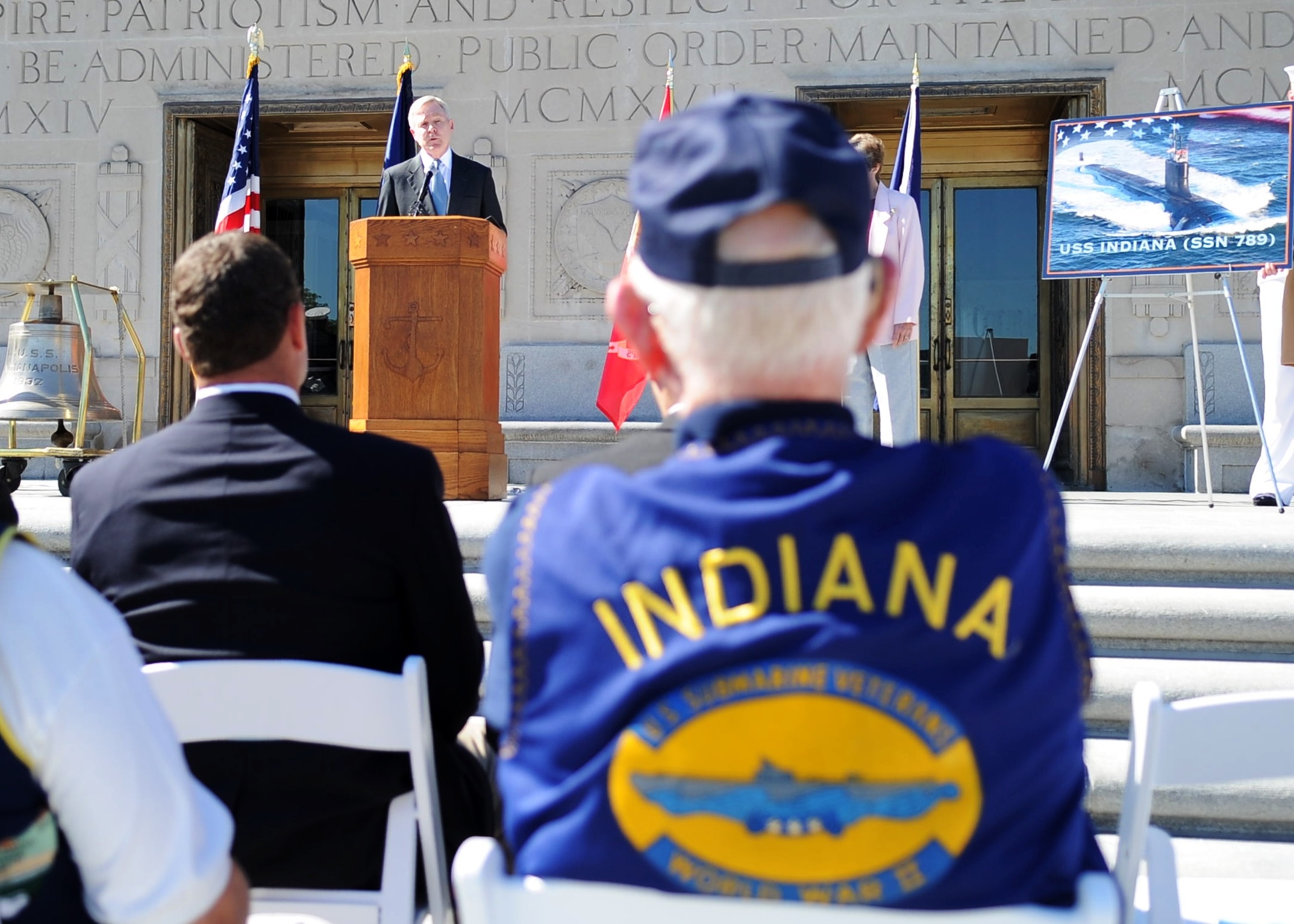 Secretary of the Navy (SECNAV) the Honorable Ray Mabus provides remarks during the ceremony celebrating the naming of the Virginia-class submarine USS Indiana (SSN 789), at the Indianapolis War Memorial.